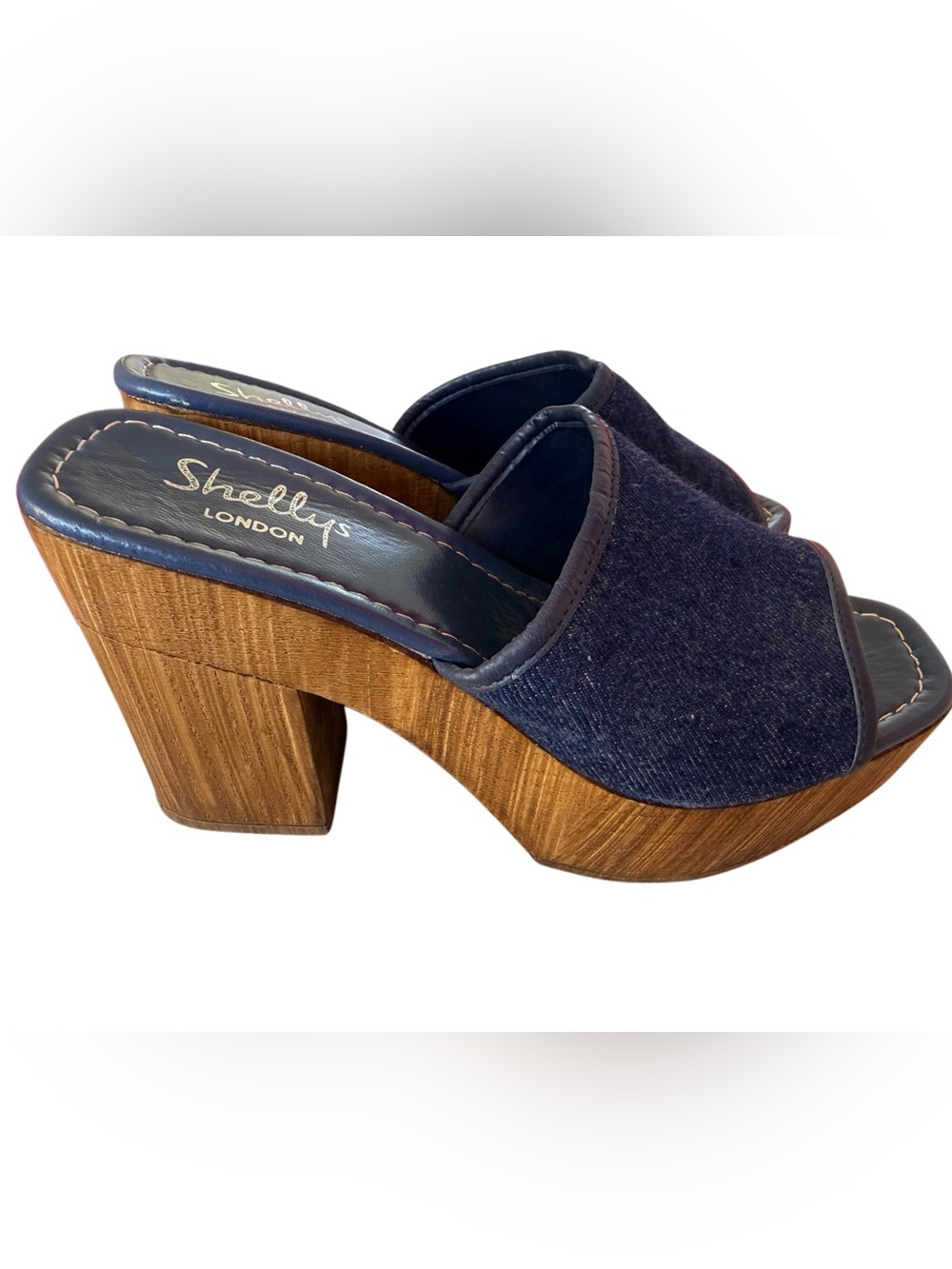 Shellys London Denim Navy Platforms w/Wood Block Heel Sz 6.5 NEW!